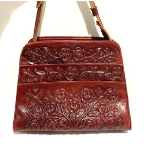 Vintage red tooled leather handbag purse Boho southwestern unique retro bag